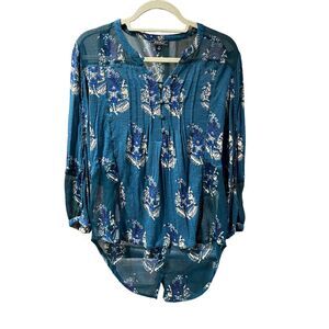 Lucky Brand Blouse Shirt Women S Blue Green Button Sheer Accents Shirttail Hem